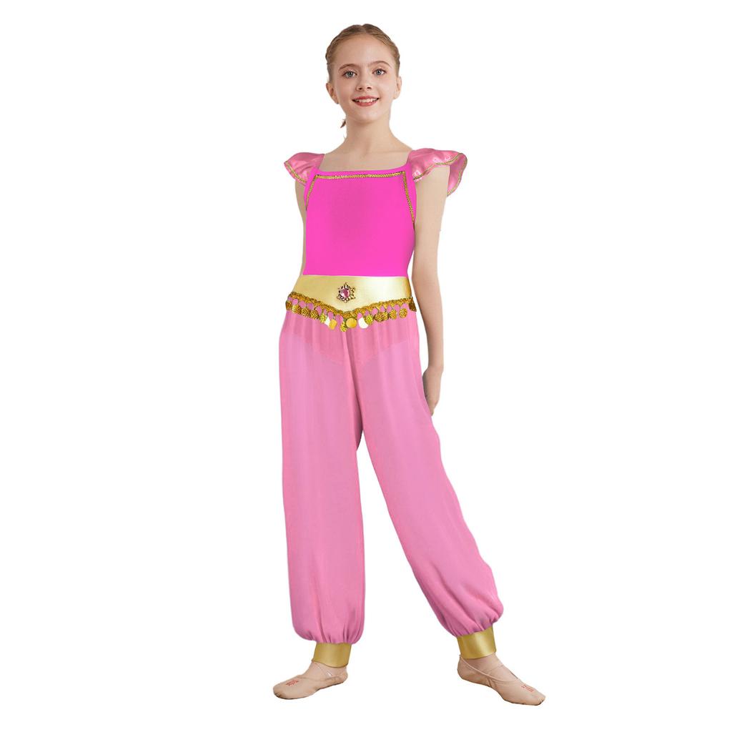 Pantaloni con Strass, Paillettes e Frange per Bambina: Pantaloni Lunghi in Chiffon con Design a Manica Svasata Patchwork, Spacco Laterale e Slip Integrati per Role Play Arabo