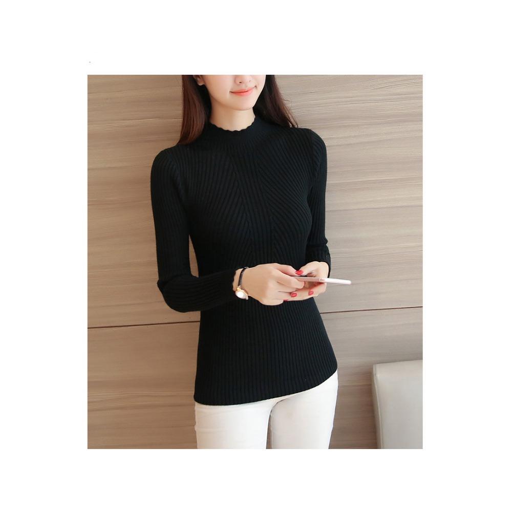 Podzimní Ženy Vysmívající se Volány za krkem Svetr Dlouhý rukáv Pletené Spodní část Pevné pulovry Proužek Pro ženy Svetr Zima