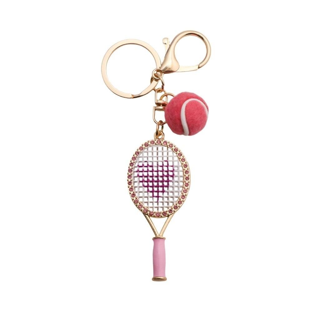Alloy Inlaid Rhinestone Tennis Racket Keychain Mini Felt Ball Sports Keychain Pendant for Women