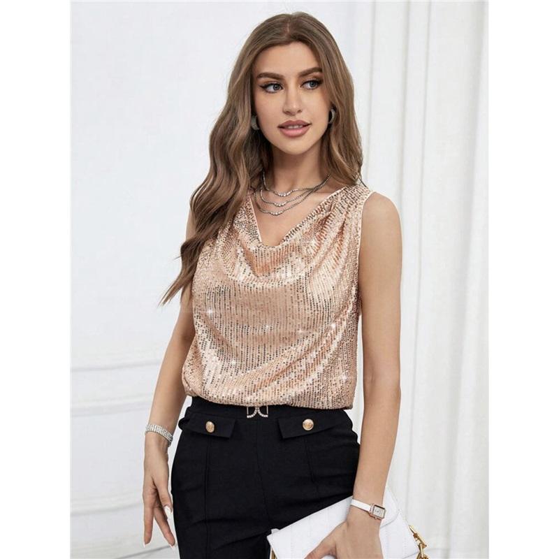 Trendy European And American Sexy V Neck Strapless Sequin Loose Short Pullover Top Women Tank Top Stylish Blouse
