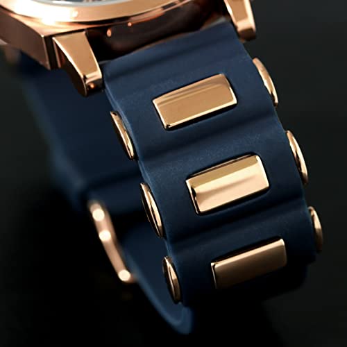 Salvatore Marra Men's Moon Phase Multi-Calendar Watch, 5 ATM Water Resistant, Business Formal Wear, Rubber Strap, Limited Edition, Blue and Pink Gold,