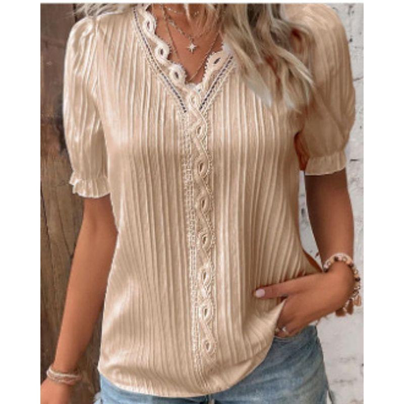 Hollow Short Sleeve Summer New Arrival European and American Women's Clothing All-Matching Shirt Holiday Fashion Cut Out Short Sleeve