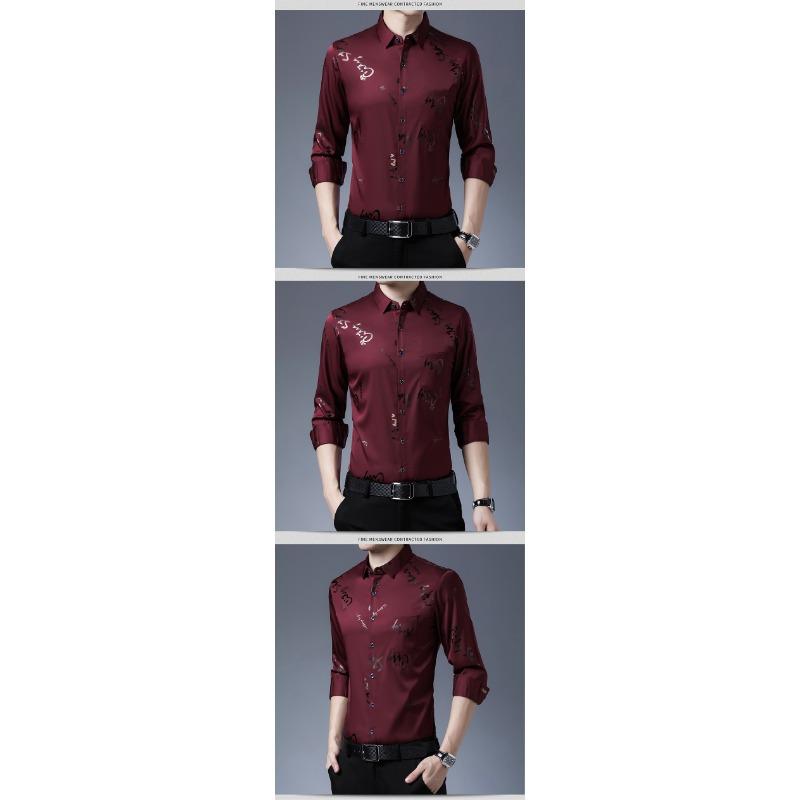 Men Casual Slim Fit Long Sleeve Thin Non Iron Letter Print Shirt
