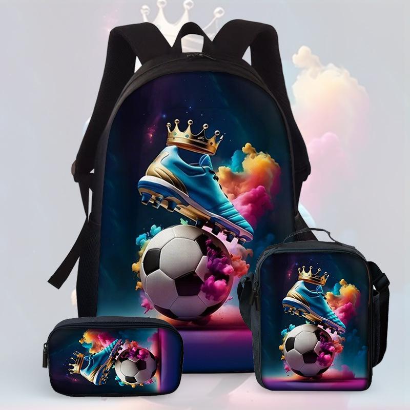 Football Cartoon Print Junior High School Backpack Three-Piece Children'S Schoolbag Primary School Backpack