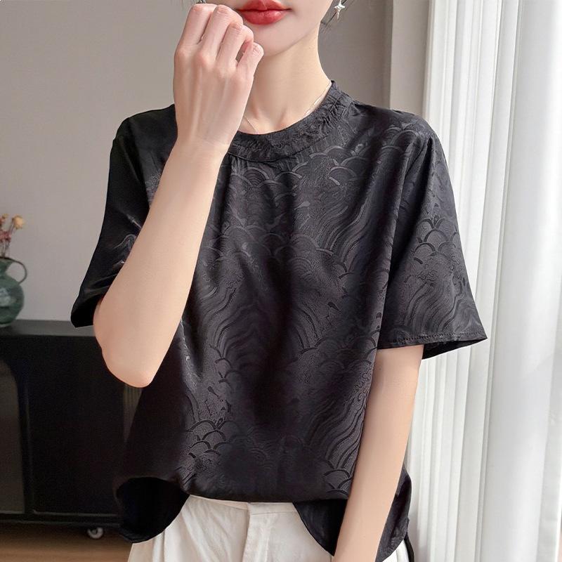 Summer New Round Collar Short-sleeved T-shirt Female National Style Foreign Style Show Thin Reduce Age Jacquard Jacket
