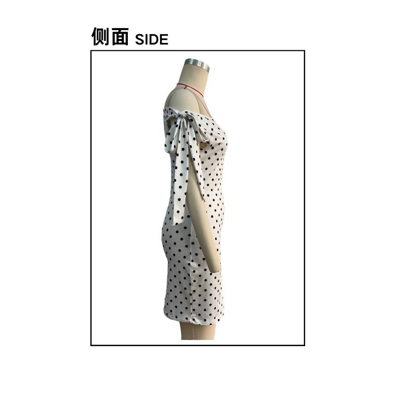 Women Sexy Polka Dot One Shoulder Tie Slim Bodycon Mini Dress