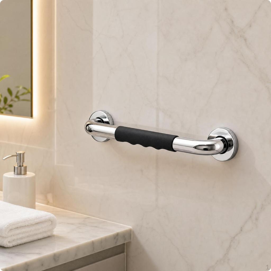 NonSlip Grab Bar with Silicone Grip | Ergonomic Finger Grooves, Polished Stainless Steel, Washroom