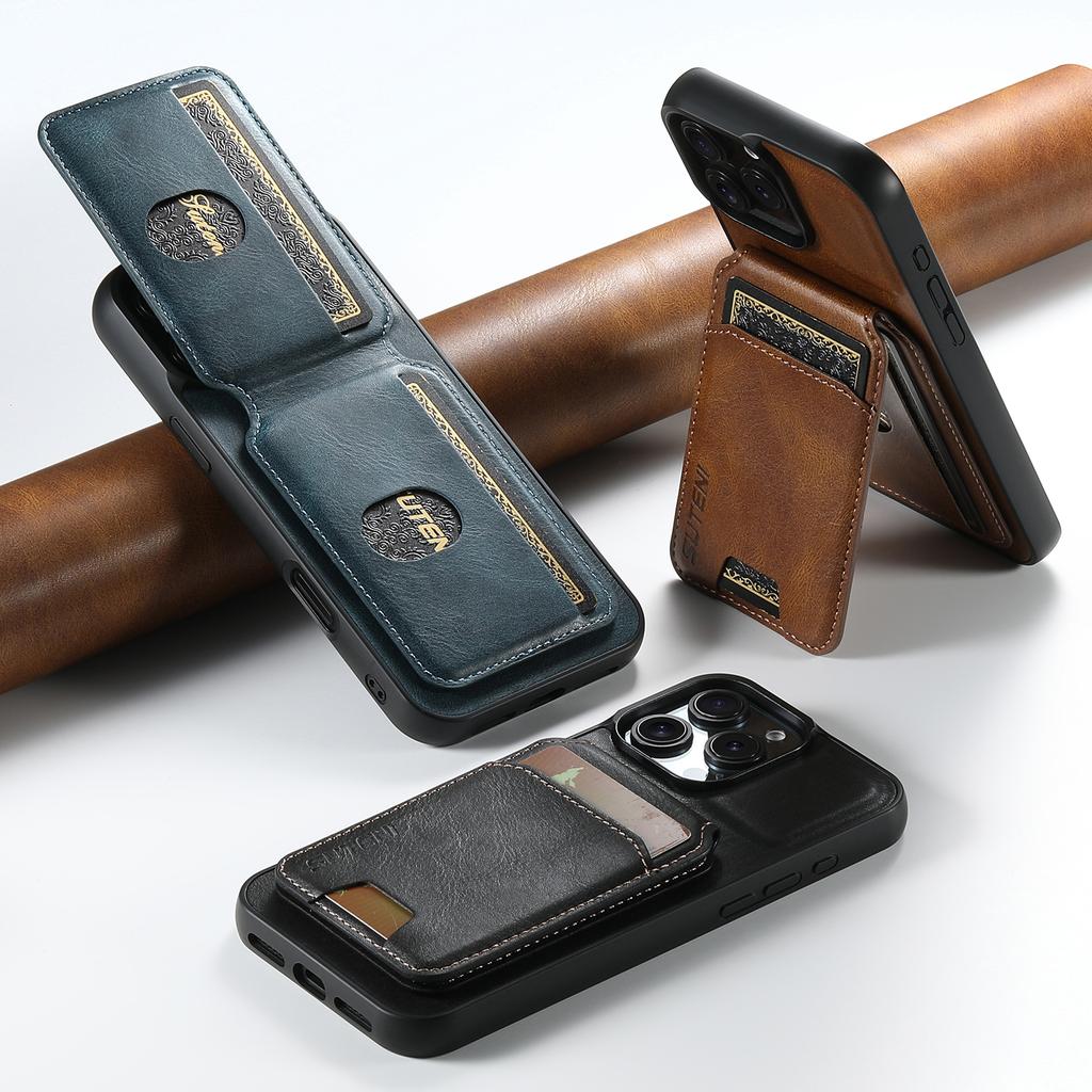 SUTENI H02 For iPhone 16 Pro Case Waxy Texture Leather+TPU Card Slots Kickstand Phone Cover