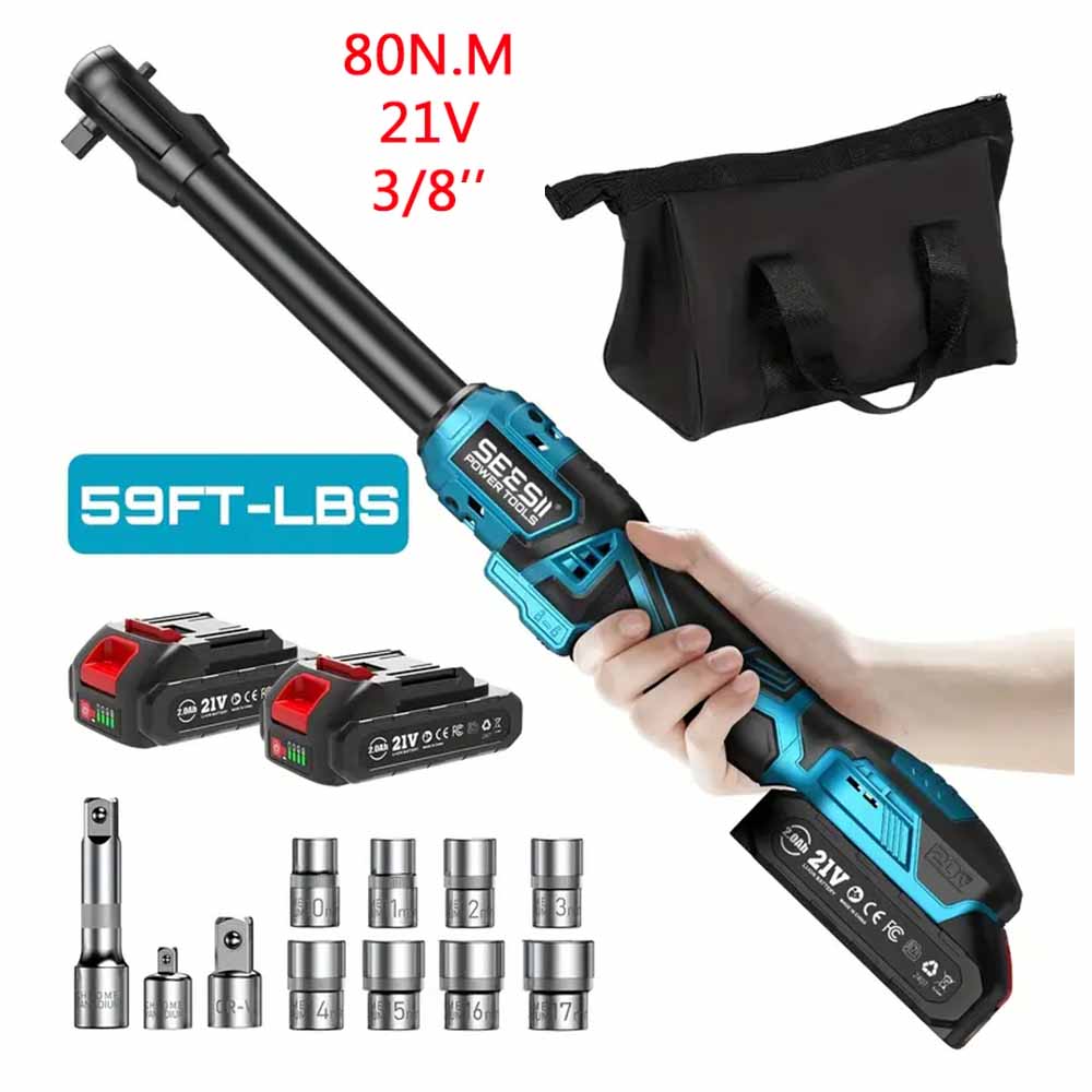 Seesii 6.3'' Extended Electric Ratchet Wrench 3/8" Cordless Electric Wrench 80Nm 21V  Rechargeable Angle Wrench Car Repair Tools