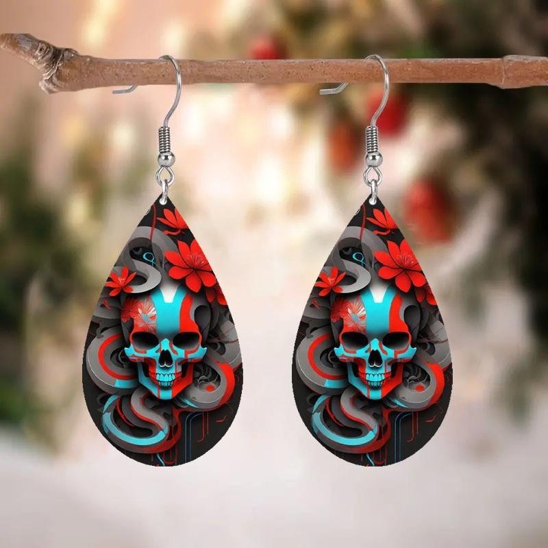 Halloween Themed Flower Skull Patterns Water Droplet Shaped Women Earrings