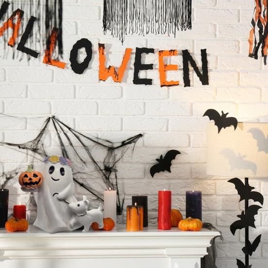 Ghost Walking Dog Halloween Decor Spooky Ghost Dog Figurine Resin Cute Ghost Statue with Pumpkin for Halloween Home Bookshelf Tabletop Decor