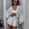 1116 Autumn European and American Hooded Long-sleeved Sweater Loose Shorts Two-piece Set Versatile Casual Sports Suit Gray Women