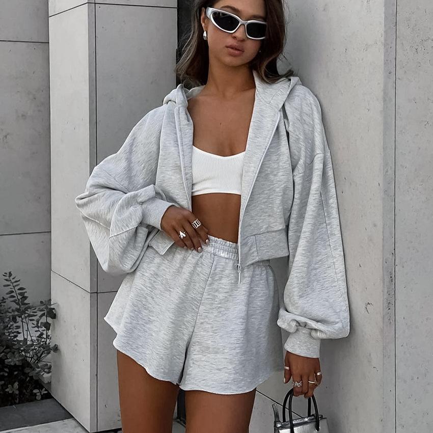 1116 Autumn European and American Hooded Long-sleeved Sweater Loose Shorts Two-piece Set Versatile Casual Sports Suit Gray Women