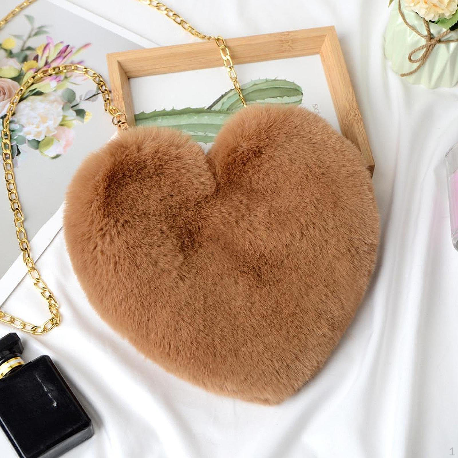 Сумка-портфель в форме сердца из искусственного меха для путешествий, свиданий, вечеринок, ежедневного использования темные хаки