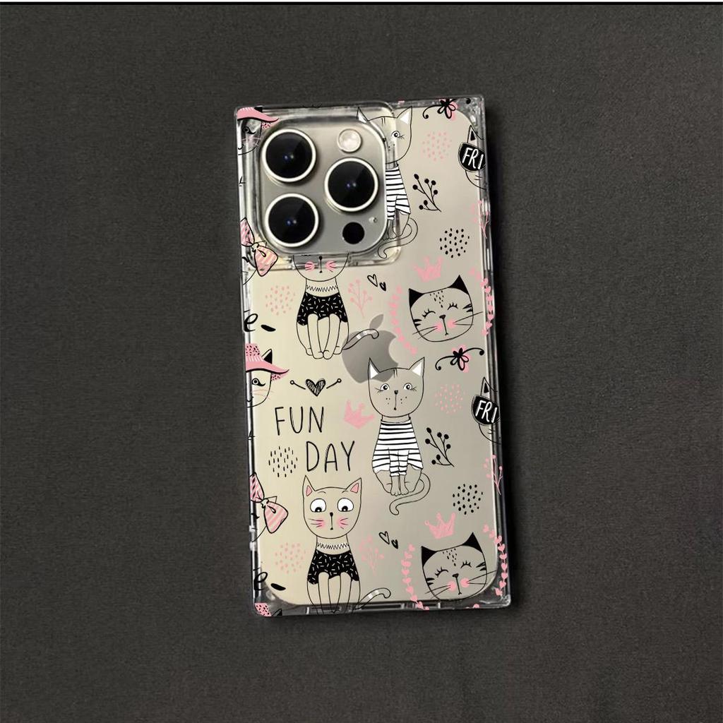 Clear Square Back Tube Case Protection For iPhone 12 13 11 16 ProMax 15 Plus 14 Pro Max Anti-Oxygen,Line Drawn Cats Pattern Casing