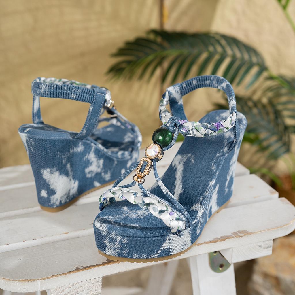 Fashion 2025 Rome Ladies Shoes Open Toe Women's Sandals Plus Size Casual Sandals Women Print Elastic Band High Wedges Shoes Female