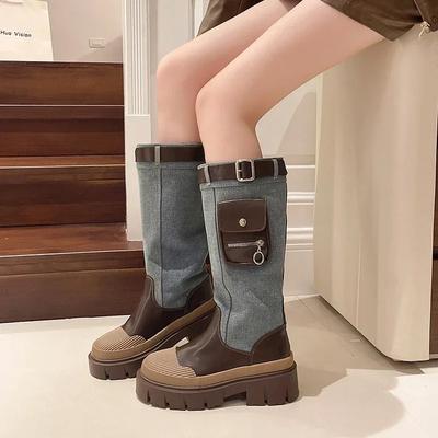 Mid Calf Denim Boots Women  Autumn Retro Chunky Platform Long Boots Woman Slip On Thick Heels Cargo Boots Pocket Decor