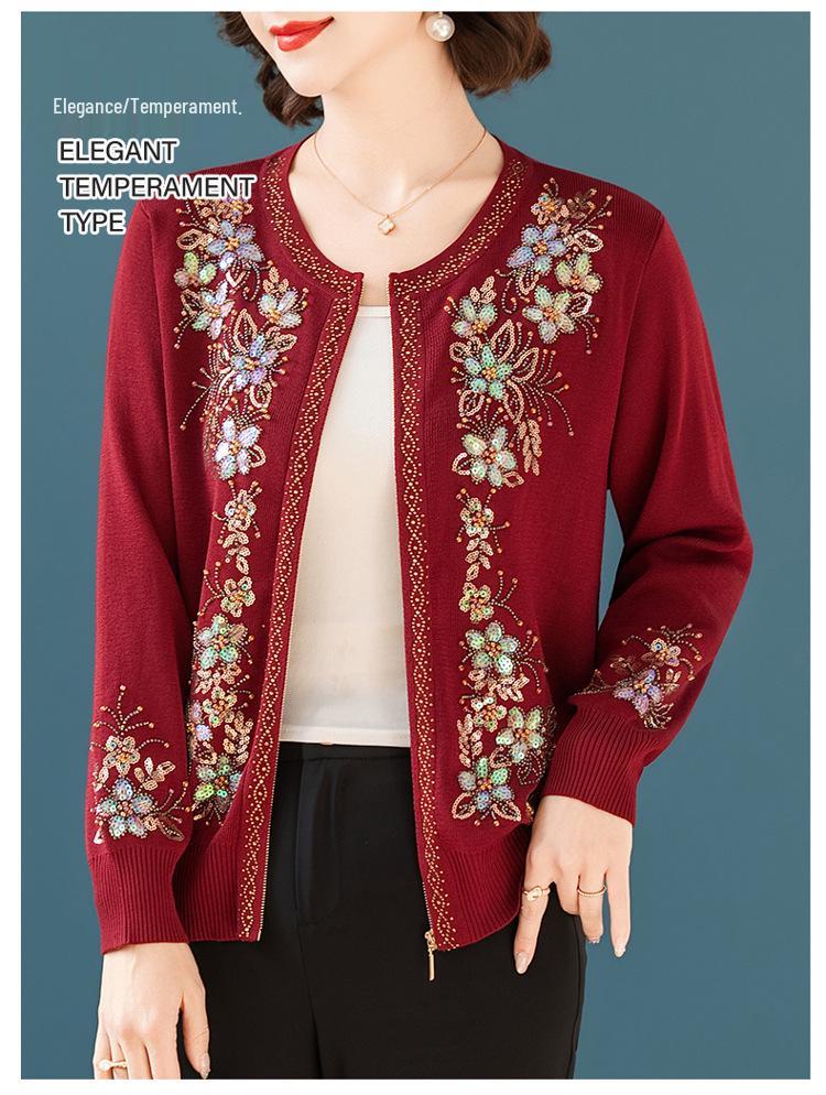 Women's Autumn/Winter Heavy Knit Cardigan with Butterfly Flower Embroidery & Hand Beading