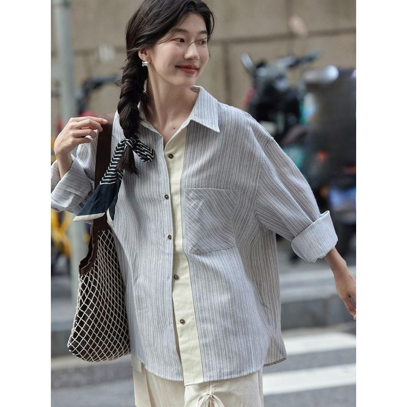 Striped Women's Long Sleeved Shirt Fashionable Contrasting Single Pocket Blouses Korean Commuting Style Lady Clothing