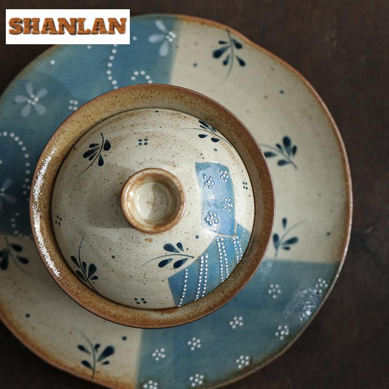 110ml Hand-painted Blue Cloth Floral Patchwork Gaiwan Retro Tea Tureen Tea Bowl With Lid Kit Tea Maker Cover Bowl Tea Items Gift