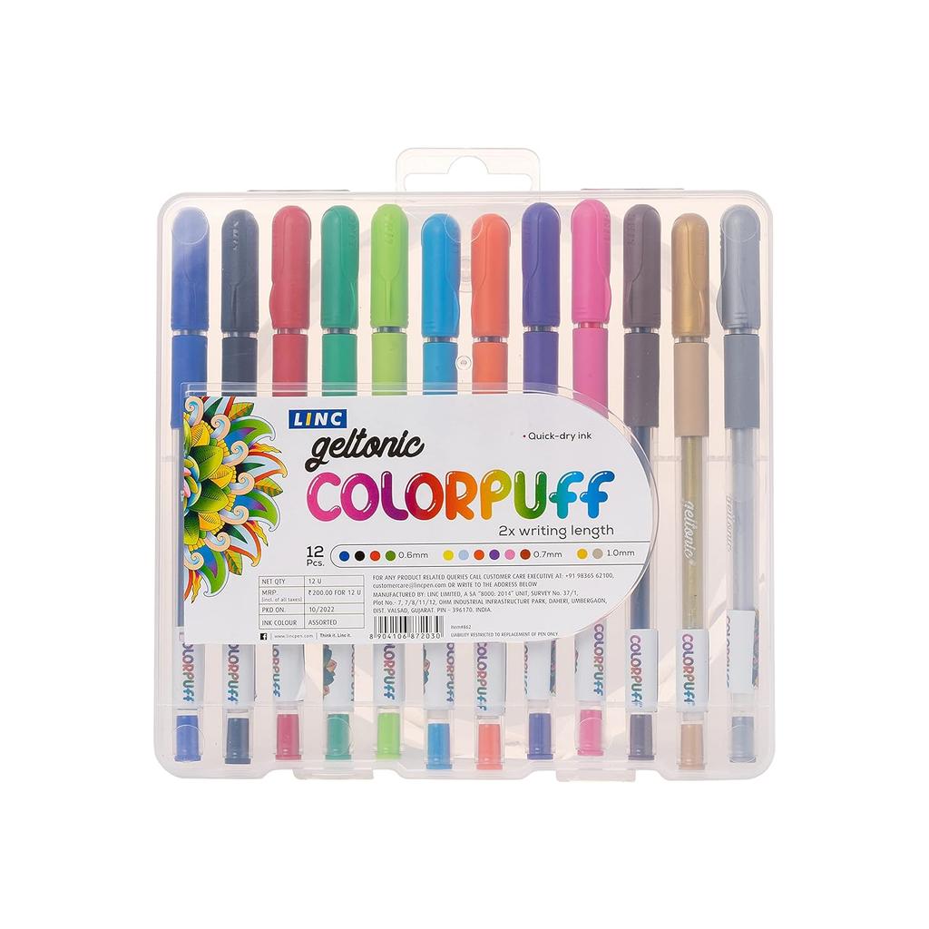 Linc Geltonic Colorpuff Multicolor Gel Pen Set 12 Colors Smooth Writing with Hard Case for School Notes Art Craft Pack of 1 X 12 PCS
