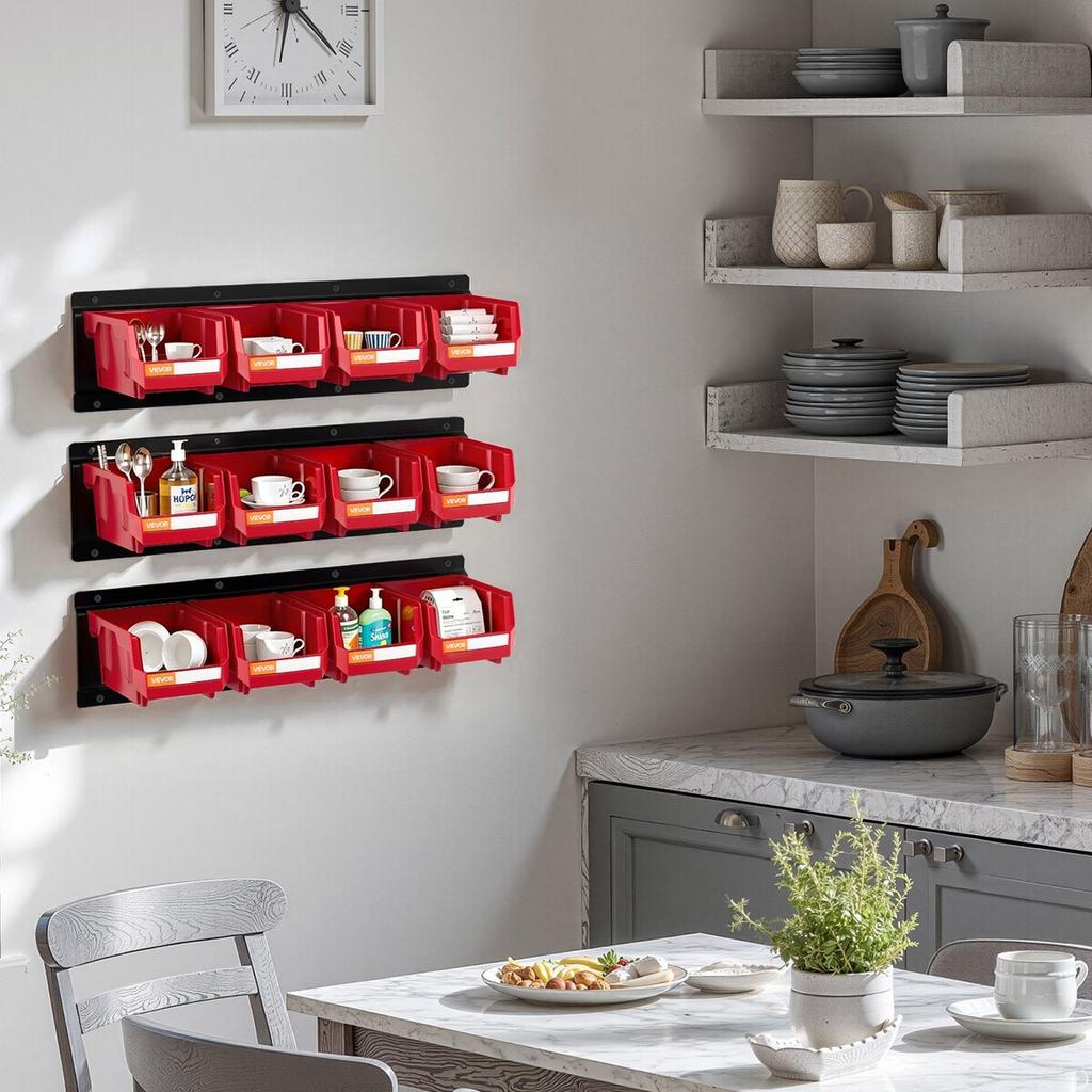 Wall Mounted Storage Bins, 12 Plastic Bins & 3 Metal Rails, Plastic Hanging Stackable Storage Bin for Screws, Nuts, Bolts, Nails, Hardware Tool