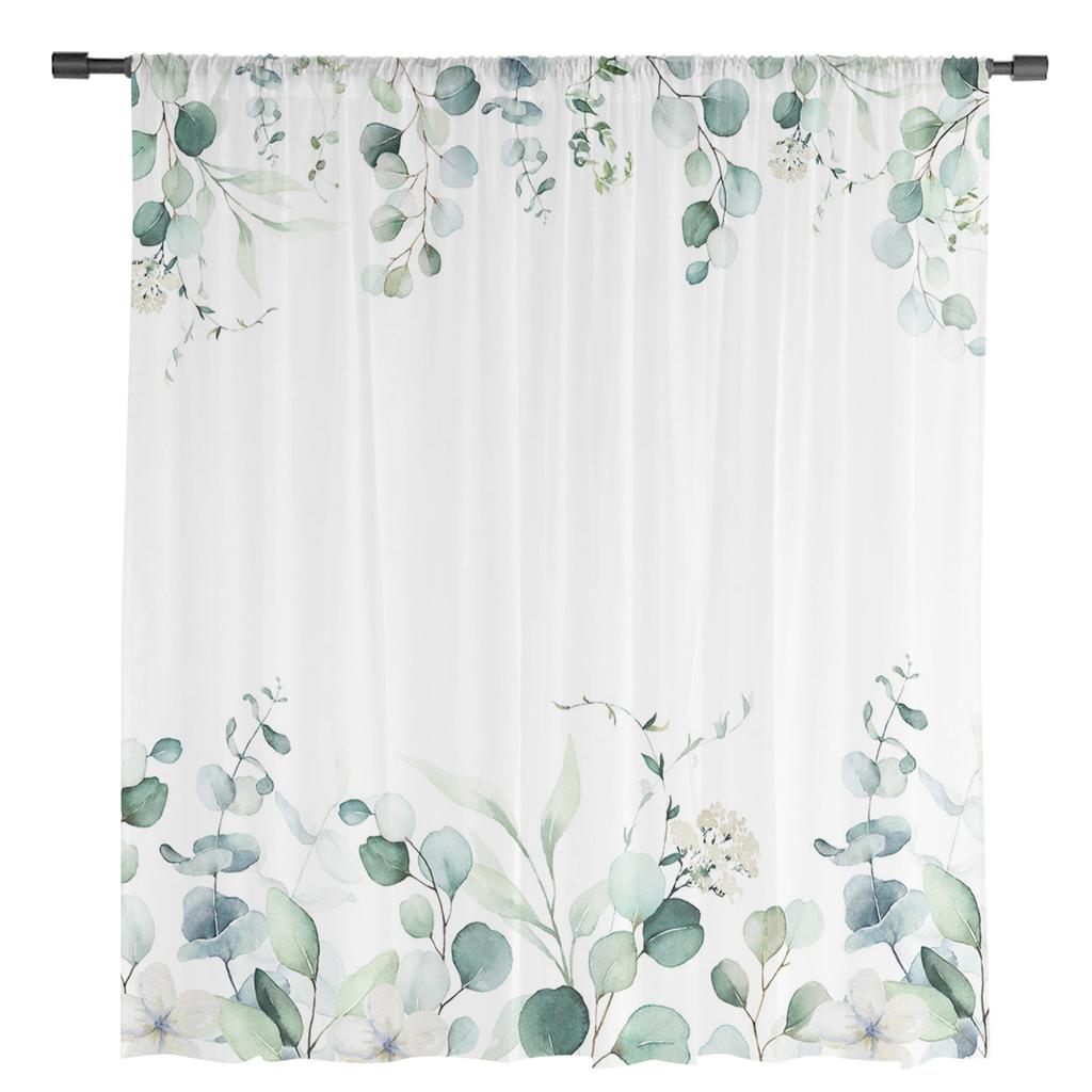 Ins Style Eucalyptus Leaves Sheer Curtains for Living Room Decoration Window Curtains for Kitchen Tulle Voile Organza Curtains