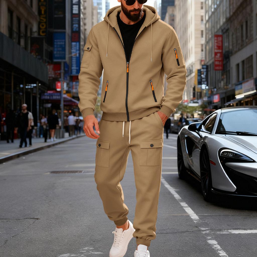 Men's Solid Color Casual Suit Loose Sports Stand Collar Sweatshirt With Pockets Multi Pocket Overalls Suit