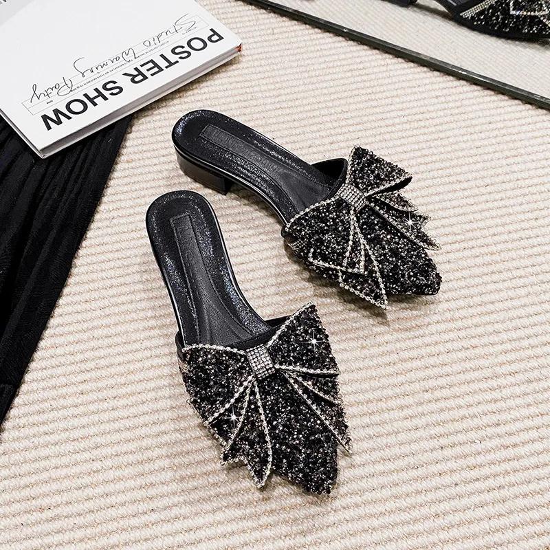 Women Pointed Toe Thick Heel Slippers Summer Women's Outdoor Shoes Fashion Bow Sequin Low Heel Sandals Size Women Shoes 35-43
