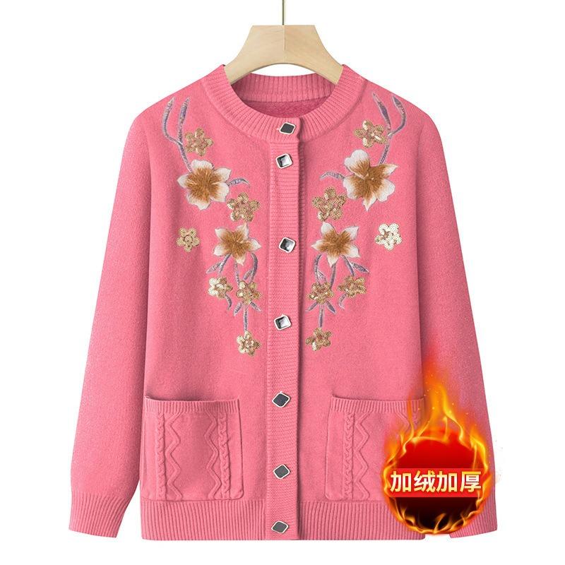 Middle-aged Elderly Autumn and Winter Warm Top Winter Coat Elderly Bottoming Shirt Female Grandma Sweater Fleece Mother Cardigan