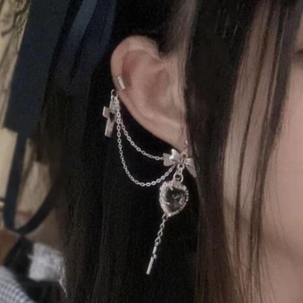 Exquisite Punk Sliver Color Bowknot Cross Crystal Heart Tassel Pendant Stud Earrings Connect Ear Bone Clip for Women Y2k Jewelry