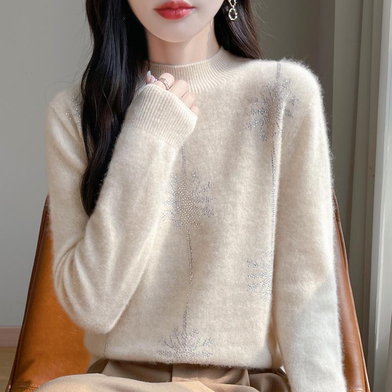 Women's Rhinestone Embellished Pure Wool Half-High Collar Pullover Sweater