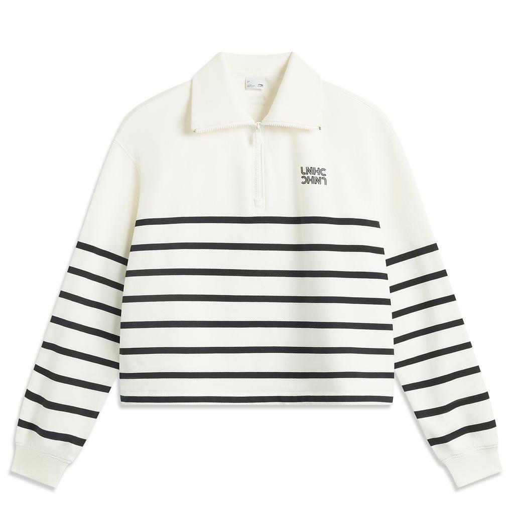Li Ning Sports Lifestyle Series Striped Letter Comfortable Breathable Versatile Polo Loose Sweatshirt Women sweatshirt Off-White Black AWDV372-1