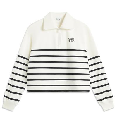 Li Ning Sports Lifestyle Series Striped Letter Comfortable Breathable Versatile Polo Loose Sweatshirt Women Sweatshirt Off-White Black AWDV372-1
