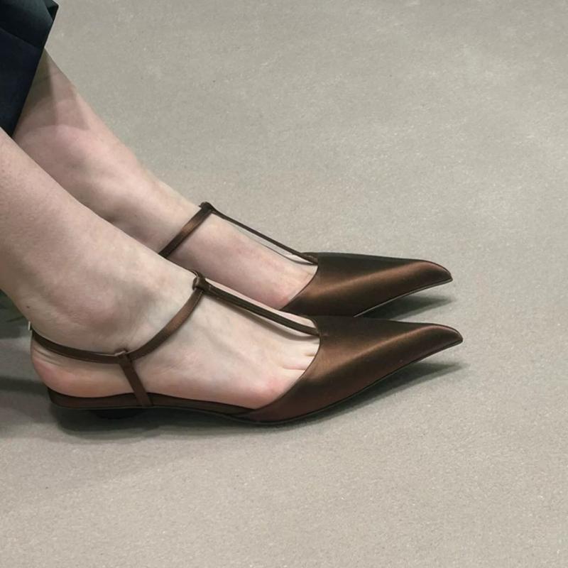 

Fashion 2024 New Slimming T-shaped Pumps Women Sexy Thick Heel Pointed Mid Heel Single Shoes Stain Summer Shallow Party Dress Shoe 35 коричневый