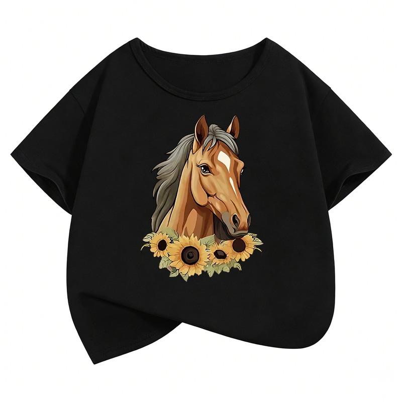 Fashion Horse with Flower T-Shirt Girls Animal Printed T Shirt Girls' Summer Clothes Short Sleeve Tops T-Shirts Cute Clothing