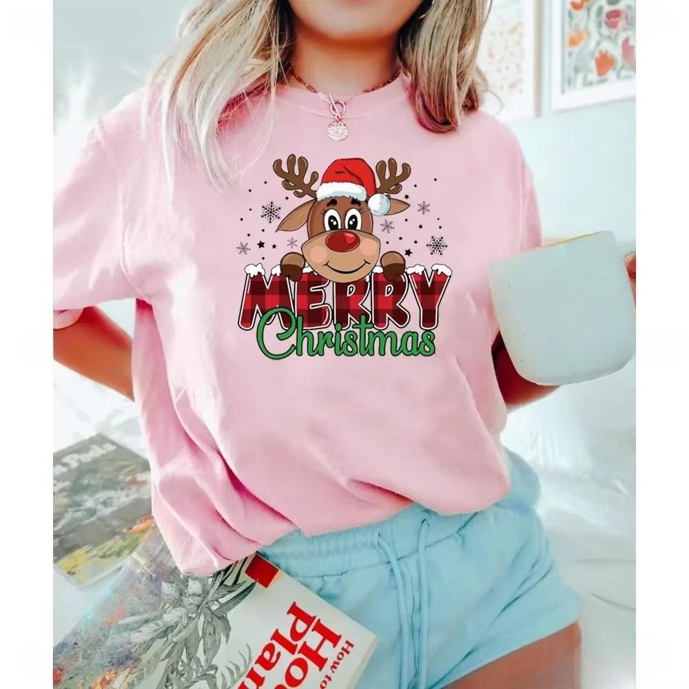 Unisex Merry Christmas Reindeer Graphic Tshirt Santa Hat Print Crew Neck Short Sleeve Holiday Party Casual Tee For Unisex Unisex