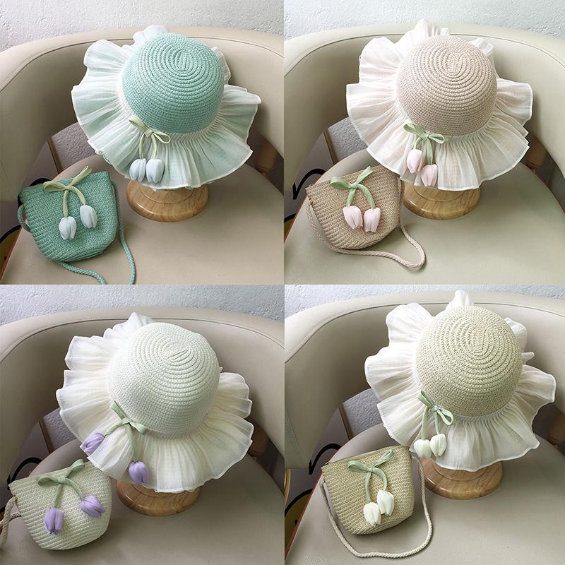 1/2Pcs Summer Sun Hat Princess Beach Sun Hat Big Brim Tulip Fisherman Hat For Girls Sweet Crossbody Bag Gifts