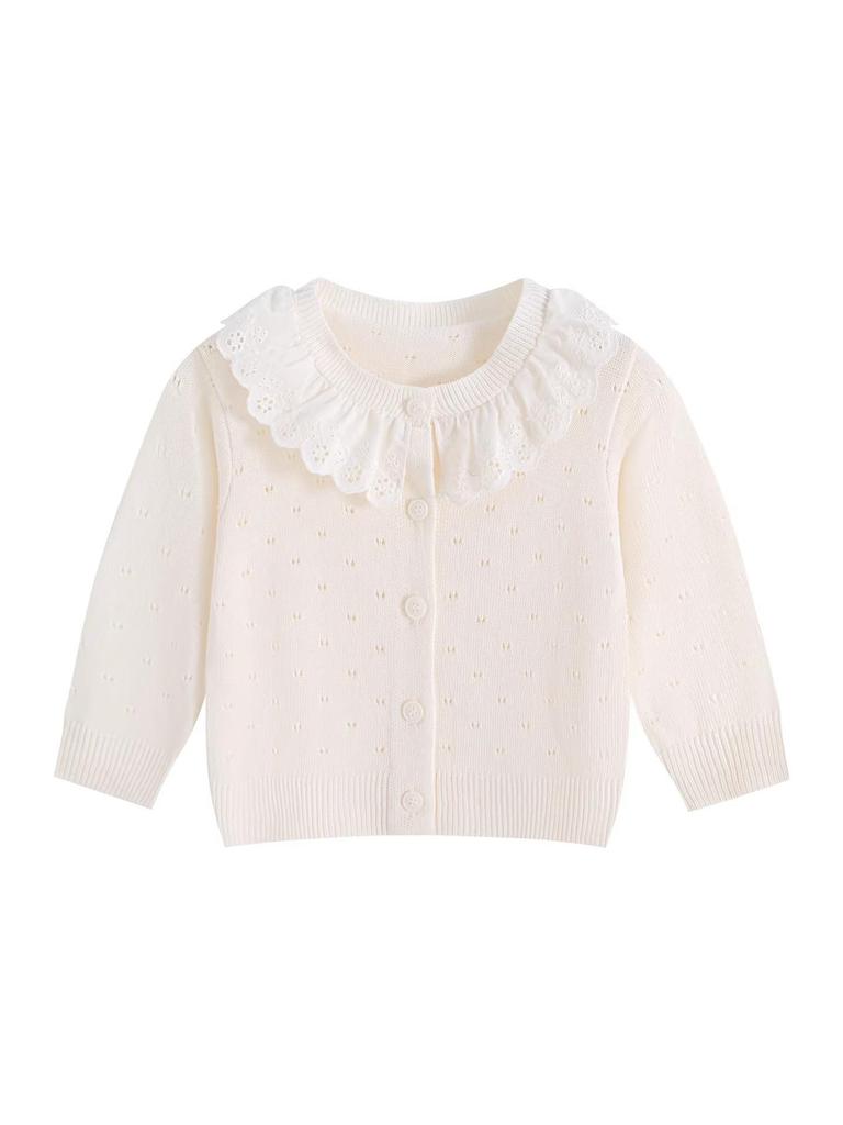 Baby Girl INS Style Hollow Knit Cardigan with Doll Collar - Spring/Autumn Long Sleeve Sweater