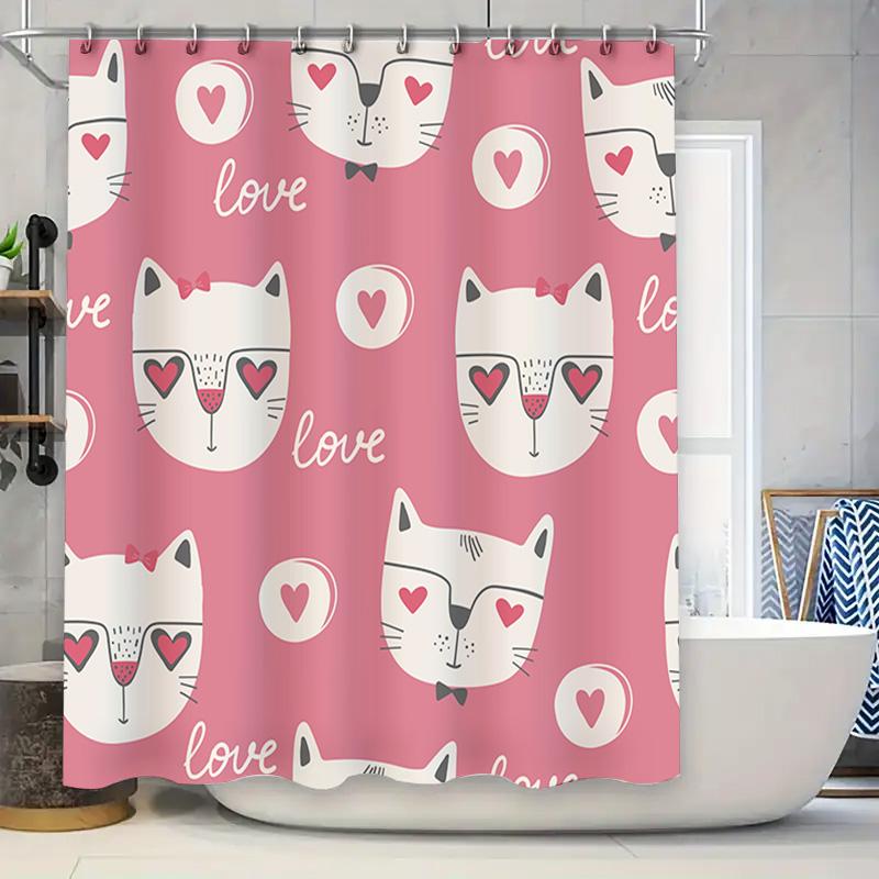 

Adorable Cat Print Shower Curtain Set With Love Lettering 3D Waterproof Fabric For Bathroom Decorations Perfect Gift Idea For W60H190(CM)-1 Pcs