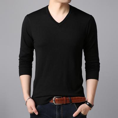 Autumn Men's Knitted Sweater Solid Color Pullover V-neck Long-sleeved Simple Flat Sweater T-shirt Bottoming Shirt Top