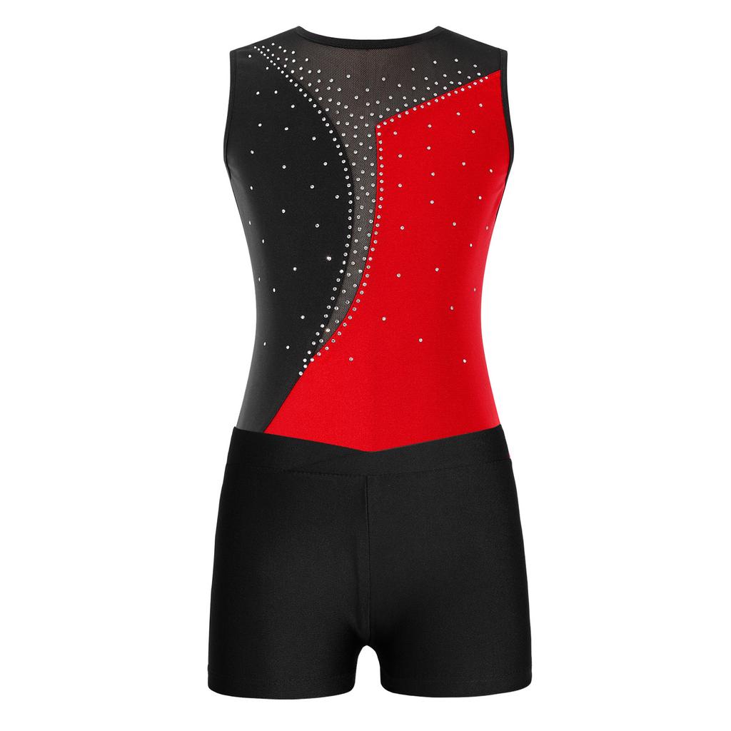 Girls Sparkle Rhinestone Sleeveless Color Block Leotard V Front Waistband Shorts Gymnastics Outfit