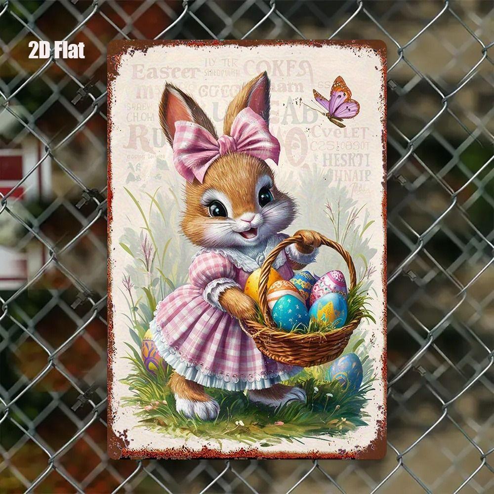 Tin Sign Retro Easter Rabbit Floral Wall Art Home Holiday Decor Metal Poster