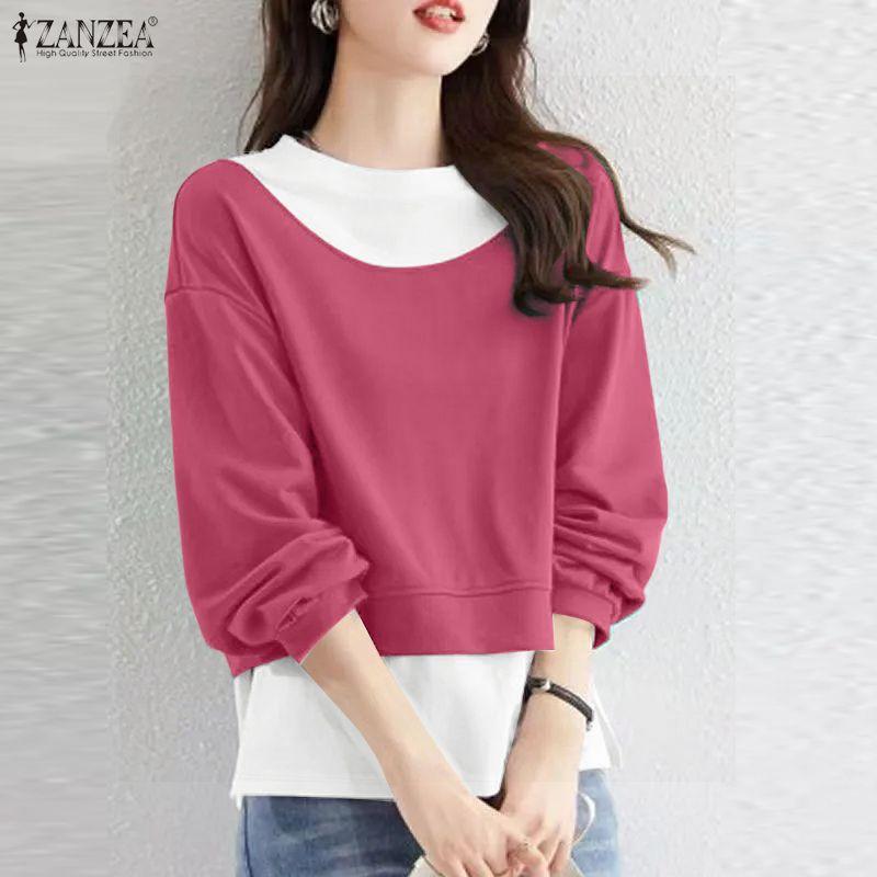 ZANZEA Women Casual Round Neck Long Sleeve Splice Pullover Blouse Autumn