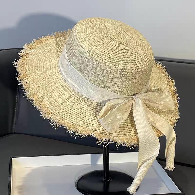 New French Flat-top Straw Hat Women's Big Head Circumference Seaside Beach Top Hat Woven Sun Hat Summer