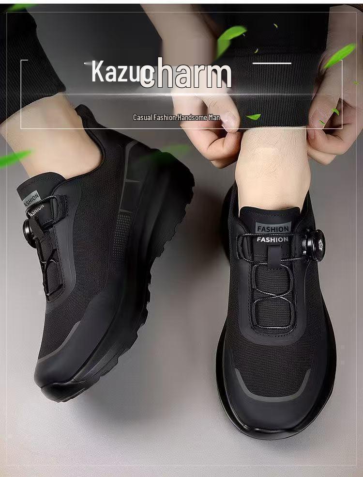 Men's Trendy Black Non-Slip Rotating Buckle Casual Sport Shoes for Spring Outdoor and Commuting
