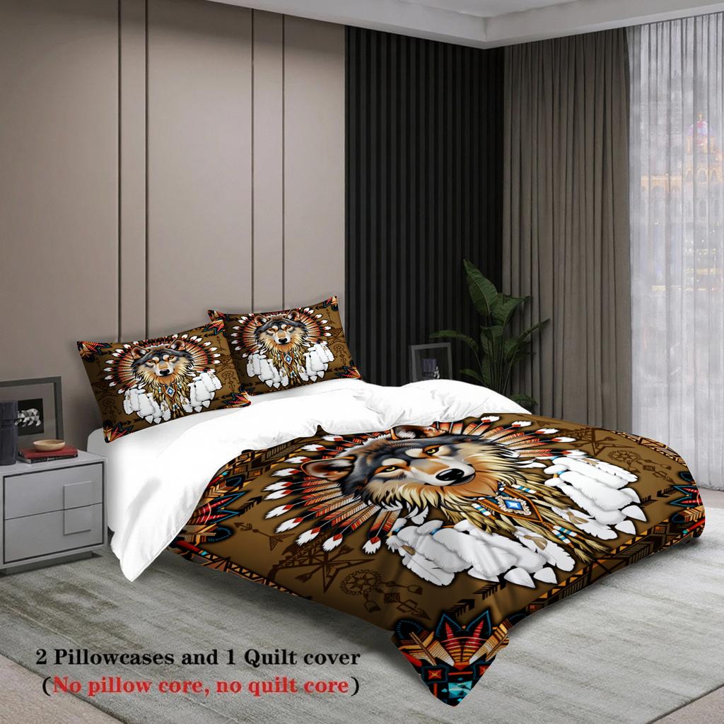 3pcs Brown Wolf Bedding Sets Comforter Not Included 3D Printed Dream Catcher Gifts For Teen Boys Bedroom Soft Duvet Cover