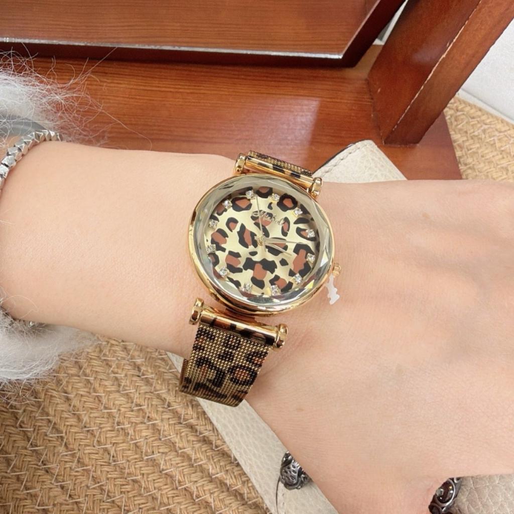 Neuankunft Runde Große Zifferblatt Leopardendruck Uhr Edelstahlarmband Gold High-End Damenuhr Mode Quarz Uhr