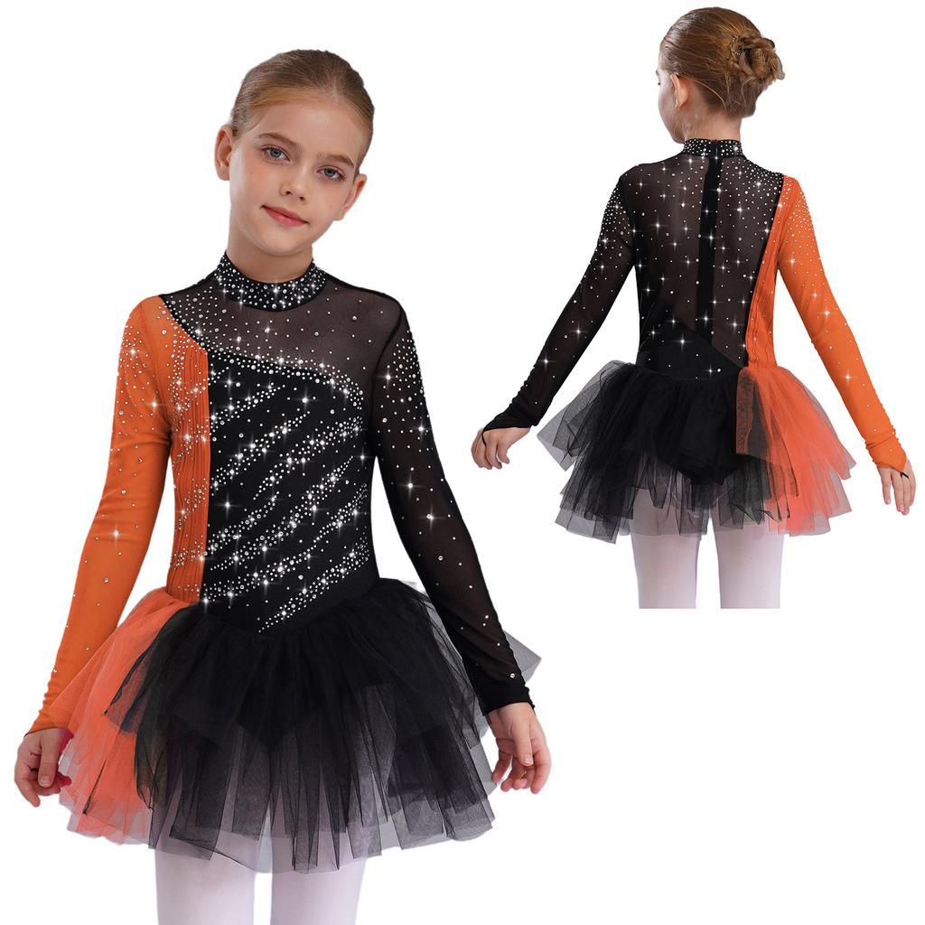 Girls Figure Skating Dress Long Sleeve Sparkling Rhinestones Color Block Patchwork Stage Performance
