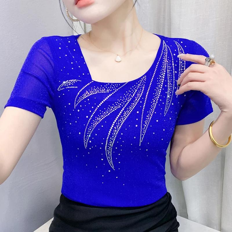 New Summer Women's T-shirt Sexy Skew Collar Shiny Diamonds Tees Fashion Female Short Sleeves Slim Mesh Tops Blouse